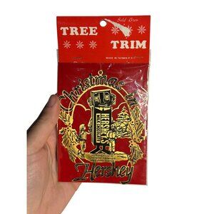 VTG Tree Trim “Christmas in Hershey” Red Solid Brass Ornament Candy Theme NIP